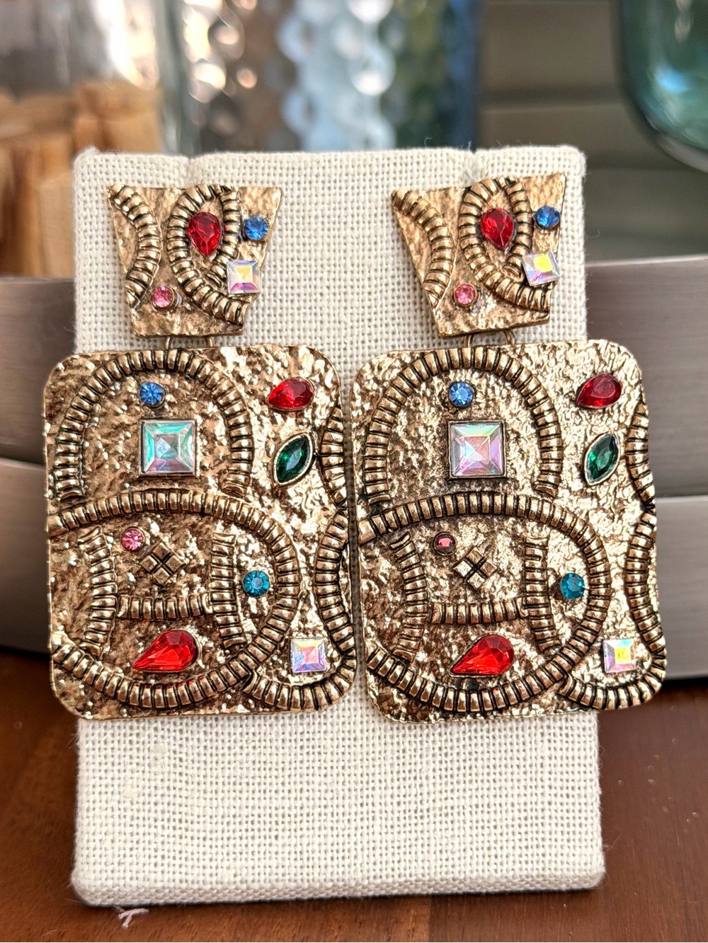 Vintage Gold Tone Multicolor Rhinestone Statement Drop Earrings Holiday